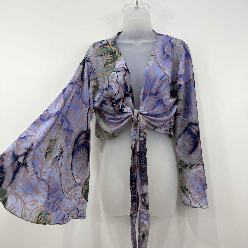 Boho Fairy Grunge Rave Gypsy 100% Silk Top S Bell Sleeve Tie Front Hippie
